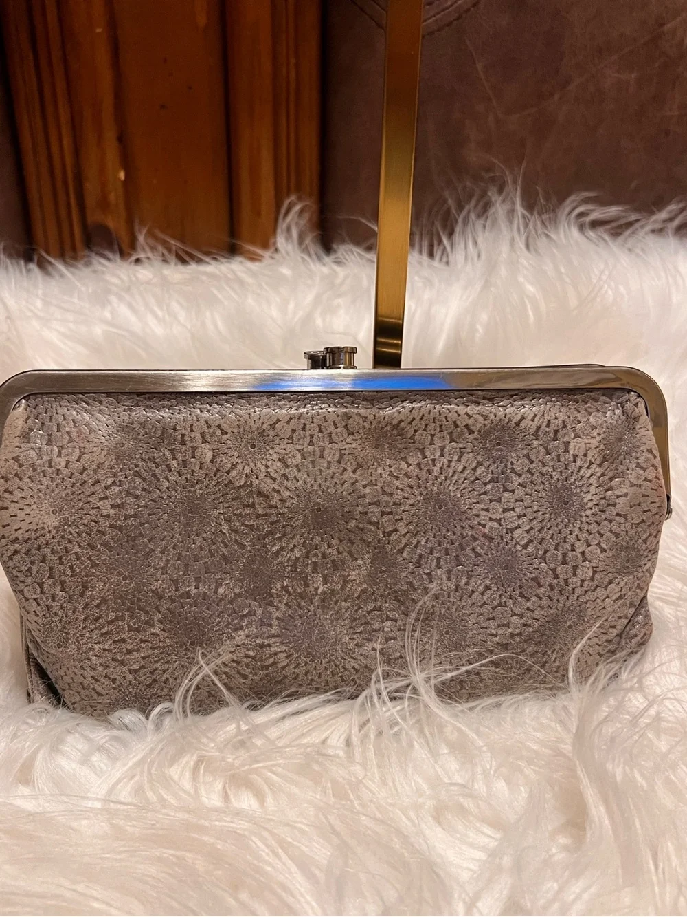HOBO  international Taupe Patterned Frame Clutch with Silver-Tone Trim